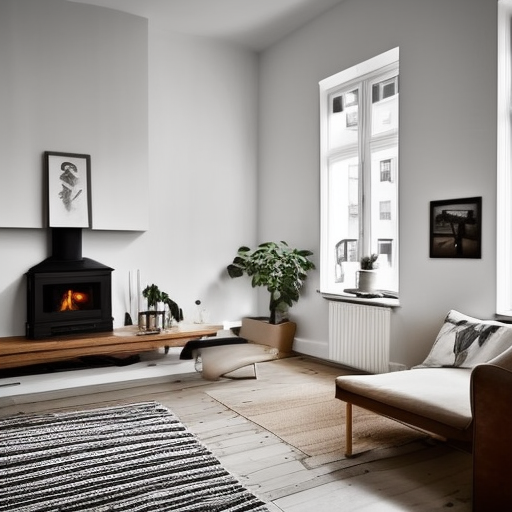 Scandinavian style living room with large fireplace but empty wall