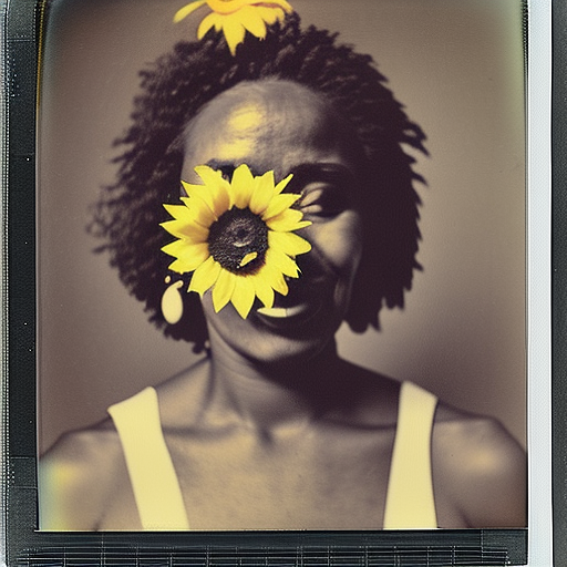 a polaroid by Warhol of an African American woman holding a sunflower in front of her left eye