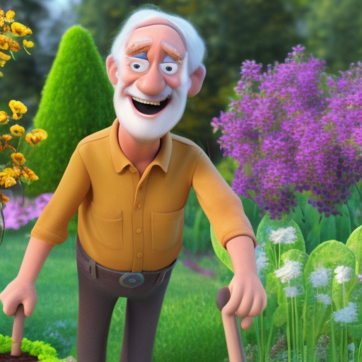 Old man  happy working in garden,Nice face ,Pixar ,cartoon