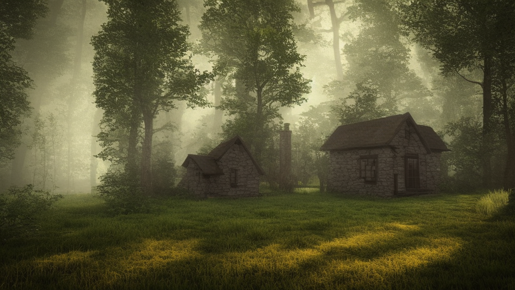 a cottage in the woods and empty woods, 8k, fantasy, hyper realistic, dramatic lighting, cinematic