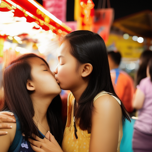 two niece malay girl kissing in night market 