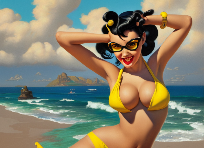 the style of the artist gil elvgren, a girl with black hair, overwatch tracer, with a very beautiful symmetrical face, a smile on her face, tanned skin, in a yellow bikini, against the background of a sea beach, in art style, high detail, digital painting, hyperrealism