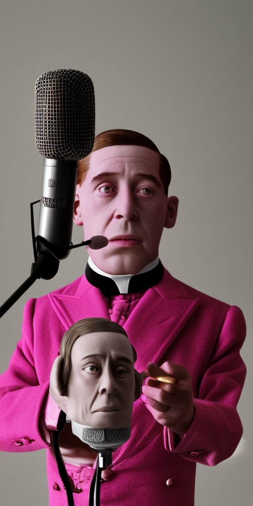 a living Microphone with an face in front of the Grand Budapest Hotel
