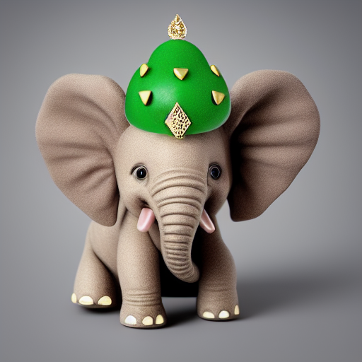 photo of a tiny baby elephant wearing a crown.  the crown is green and shaped like a durian. photorealistic, 8k.