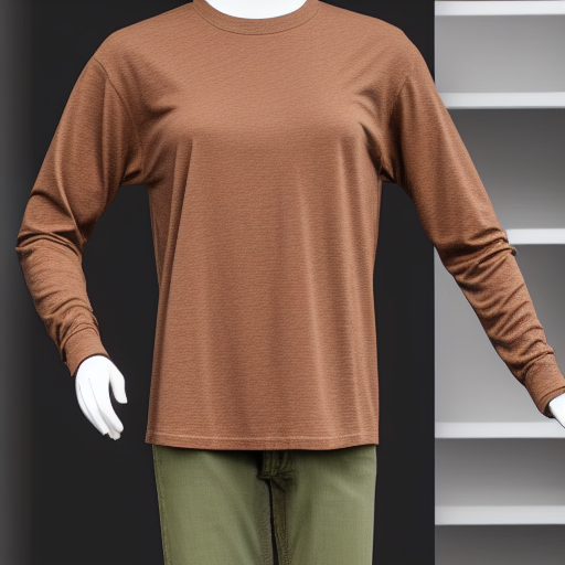 Vintage style long sleeve brown t shirt with a chicken graphic, worn by a fully assembled store display mannequin, natural daylight, 45mm lens, 4k, clean, high quality material