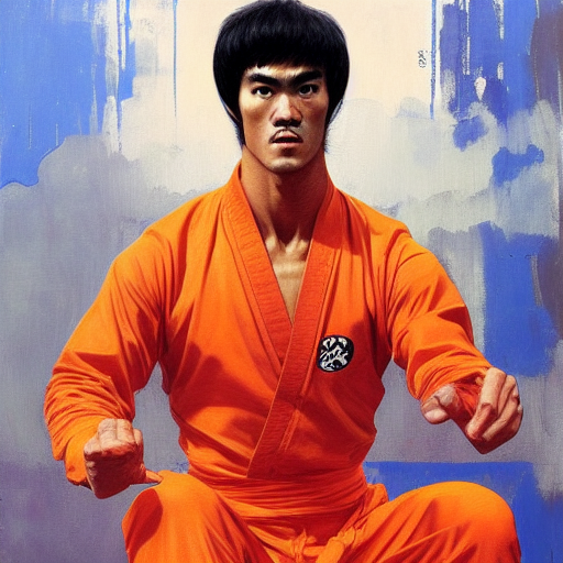 portrait of bruce lee in orange jump suit!!!!!!!!!!!!!!!!!!!!!!!!!!!, detailed face, detailed painting, epic lighting, by ilya repin, phil hale and kent williams
