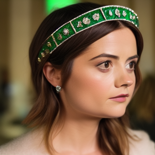 jenna coleman wearing an emerald crown profile