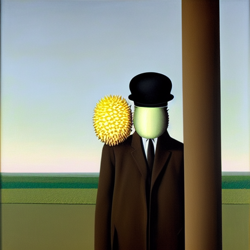 painting of a man with a durian covering his face, wearing a bowler hat and overcoat, standing in front of the post-apocalypse, oil on canvas, by René Magritte