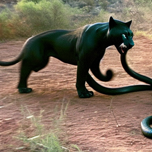 A black panther tackles a snake
