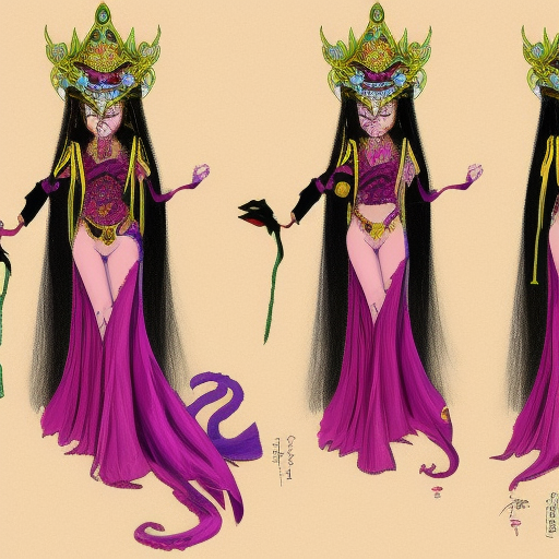 snake empress. with large headdress, in a royal palace. red cosmo in background. long purple and black Dress. Green skin. braids in hair. concept art. 