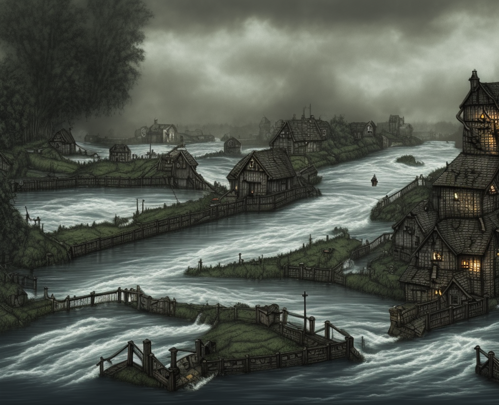 dark medieval wide river, river lock with two sluices between island and shore, two water levels, Warhammer fantasy, rocky rapids, house, summer, trees, fishing, nets, black adder, misty, overcast, Dark, creepy, grim-dark, gritty, Yuri Hill, hyperdetailed, realistic, illustration, high definition