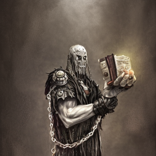 sorcerer of Belakor holding book, belt made from chains, soot-covered face, big black nails in flesh, black shadow magic, Warhammer fantasy, creepy, grim-dark, Yuri Hill, gritty, realistic, illustration, high definition