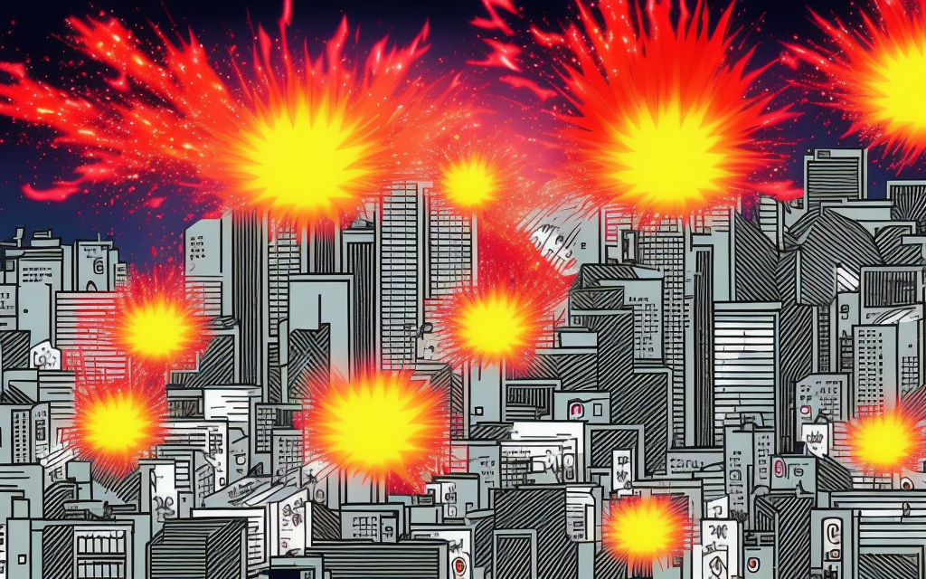 manga style killer mobile phone attacking city that is exploding and in fire
