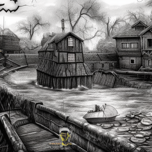 Dark medieval wide big river lock with two sluices, Warhammer fantasy, water levels, lock gates, one house, rocks, summer, bushes, trees, nets, fishing, fish, water-lily, boat, poor, black adder, muddy, puddles, misty, overcast, Dark, creepy, grim-dark, gritty, detailed, realistic, illustration, high definition