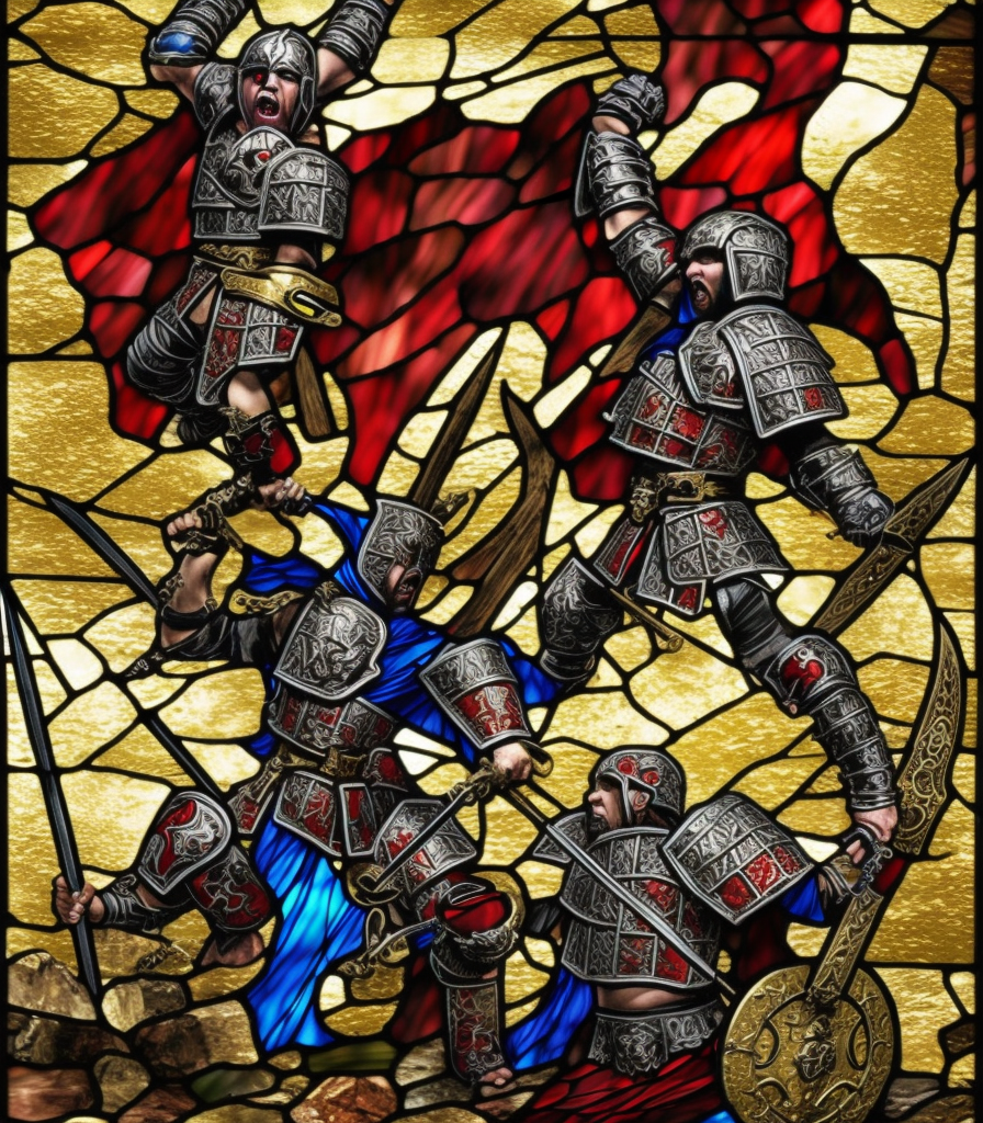 triumphant young evil gladiator beating good gladiator, Path of Exile, Warhammer fantasy, black and red, gold and blue, stained glass, grim-dark, gritty