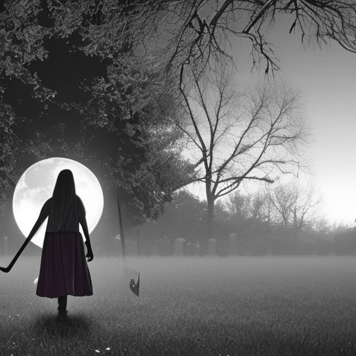girl walking toward big moon with a big scyth on back through graveyard
