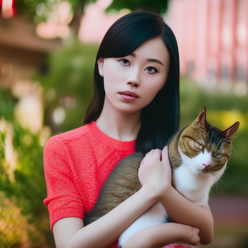 chinese girl holding cat cool colors ultra-realistic portrait cinematic lighting 80mm lens, 8k, photography bokeh