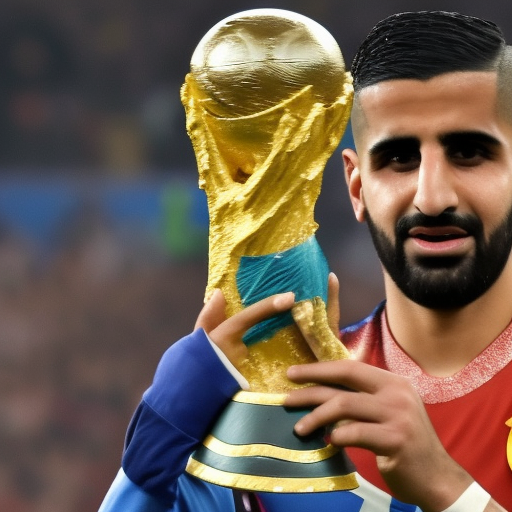 ryad mahrez holding the world cup trophy