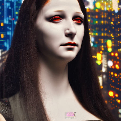 Cyberpunk mona lisa, cyborg, cyberpunk in a cyberpunk city ultra-realistic portrait cinematic lighting 80mm lens, 8k, photography bokeh