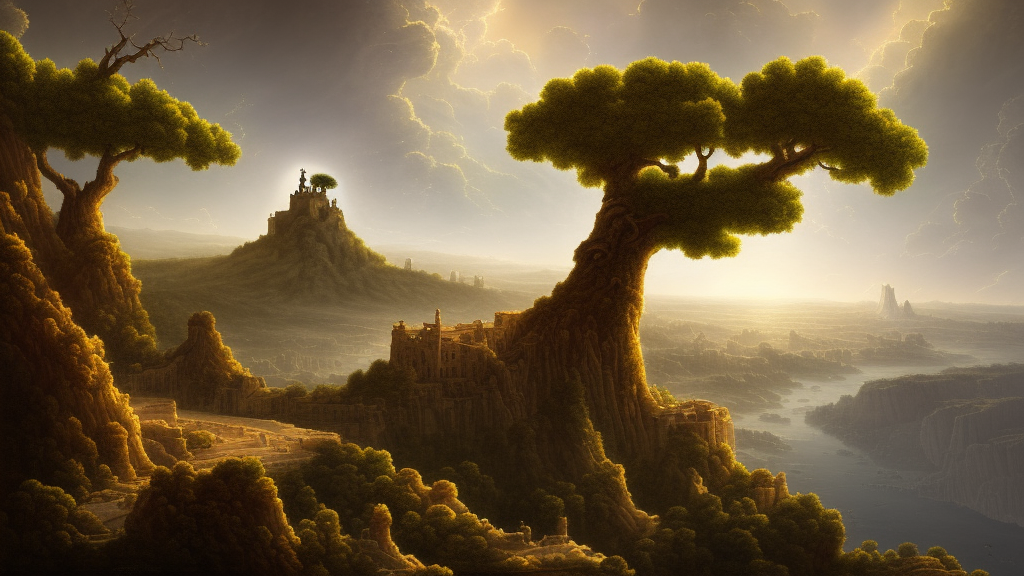 gigantic tree on a cliff with ancient city below, above is astral world by quentin mabille