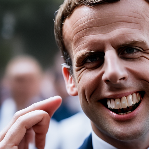 macron president with big smile and tongue outside ultra-realistic portrait cinematic lighting 80mm lens, 8k, photography bokeh