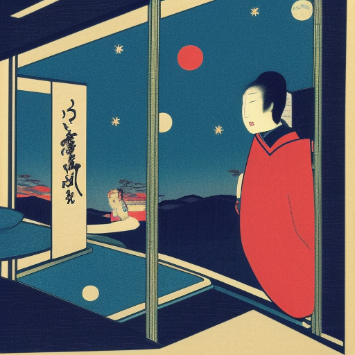 music producer inside a studio on a spaceship with windows showing the vast universe, stars everywhere, beautiful hyper reality Ukiyo-e Japanese woodblock