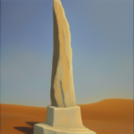 frontal view of an ancient ivory obelisque standing alone in the desert oil painting on canvas