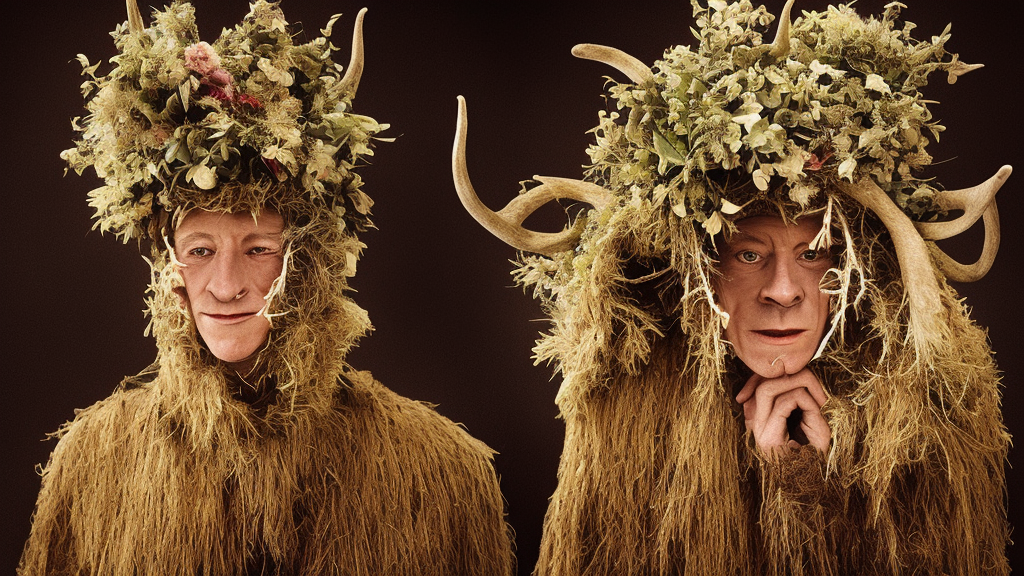 portrait of a tyrolean folklore mask, wearing hay coat, with horns, eerie, flowers growing out of his body, detailed intricate insanely detailed octane render, 8k artistic 1920s photography, photorealistic, chiaroscuro, by David Cronenberg, Raphael, Caravaggio