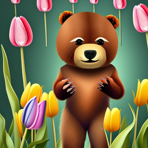 portrait of a small furry humanoid bear with round eyes, he is dressed in a costume with a butterfly, around him a forest and tulips, detailed image, in the trends of modern art