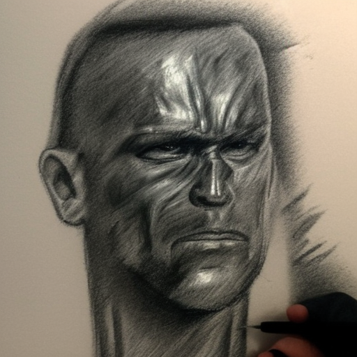 t-800 terminator sketching himself with charcoal on paper
