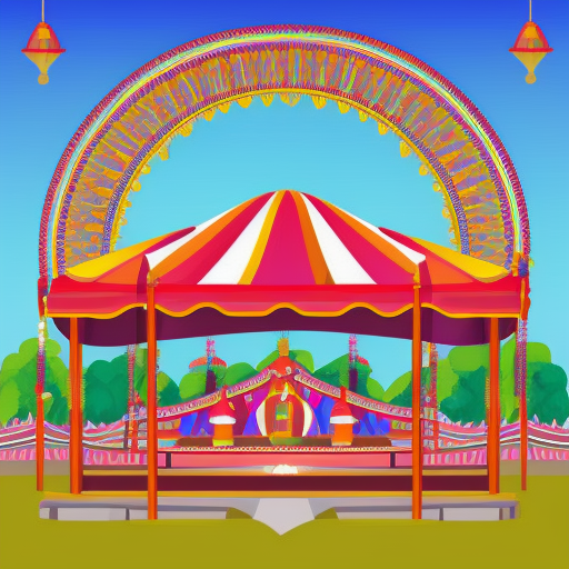 empty indian mela scene, many stalls, rides and roller-coaster behind in background, digital vector art style, sunny background
