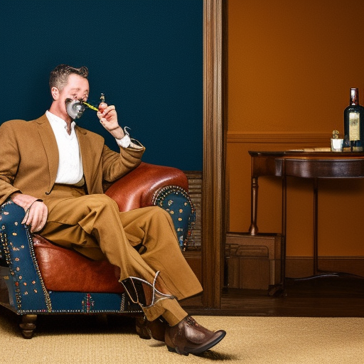 a horse in an armchair with a glass of whisky and a cigar in his mouth