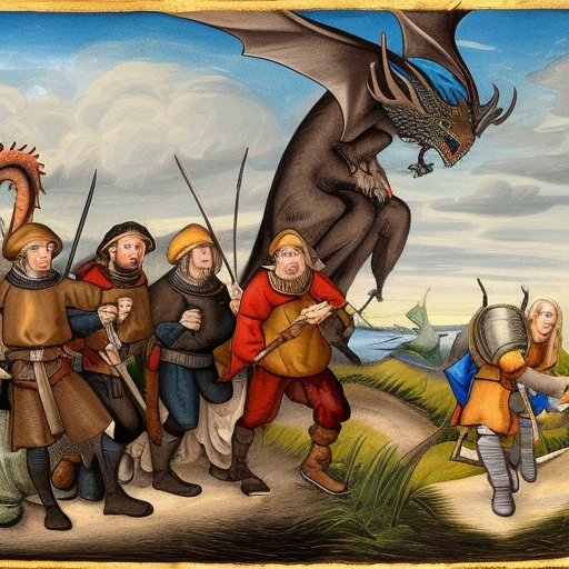 a group of young men in the middle ages on a hunting trip facing a very big dragon
