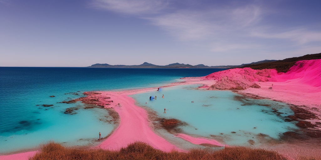 a beautiful landscape photo of a beach with blue sand, pink water, and a bright yellow mountain range