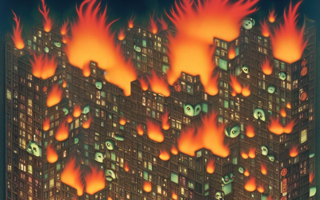 highly detailed mark ryden image, ghost in the shell city on fire being attacked by giant bunnies
