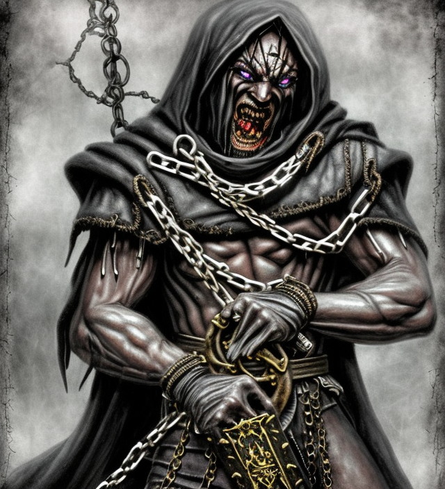 dark sorcerer of Belakor holding book, belt made from chains, big black nails in flesh, using shadow magic, Warhammer fantasy, creepy, grim-dark, gritty, realistic, illustration, high definition