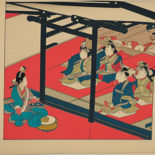royal indian king sitting on throne, women dancing in front Ukiyo-e Japanese woodblock