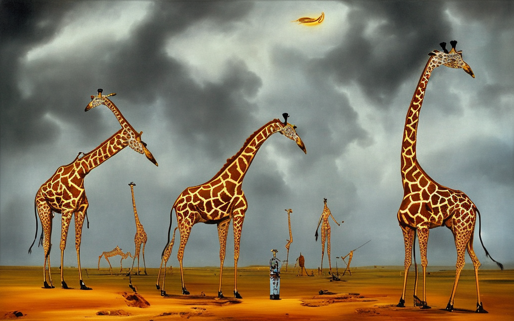 dali paiting of a cyber robot and giraffes from the sixties with a stormy sky
