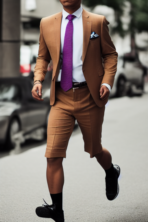 A tiger wearing a suit jacket with a tie and short running shorts