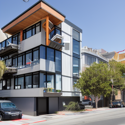 an interesting modern new 3-story building with a roof deck in north beach. a couple and a girl are on the roof deck.