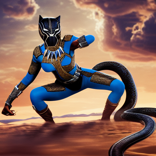 Beyonce as Black Panther tackling a snake. ultra-realistic portrait cinematic lighting 80mm lens, 8k, photography bokeh oil painting on canvas