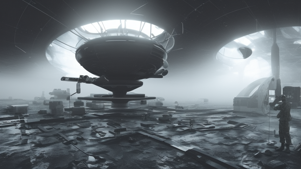 engineer repairs special flying saucer full of modern military equipment, in the hall of area 55, high detail, ground fog, wet reflective ground, saturated colors, by Maciej Kuciara, render Unreal Engine-H 704