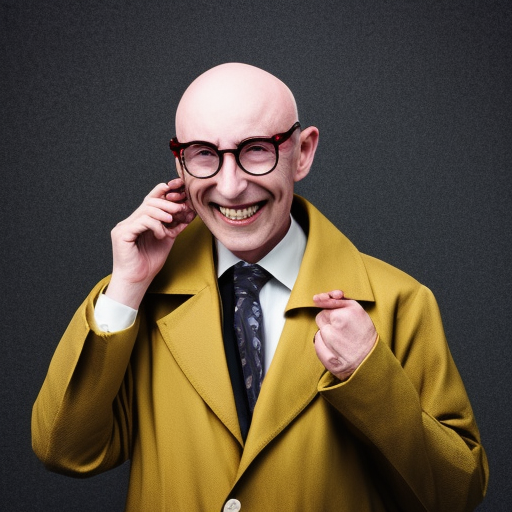 sixty-year-old scientist, bald, long gray sideburns, steamed-up glasses, evil grin, color photo portrait, suit with yellow trench coat, no mustache late 19th century, top hat  ultra-realistic portrait cinematic lighting 80mm lens, 8k, photography bokeh