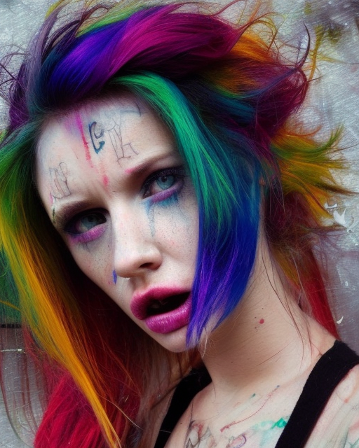 attractive grungy woman with rainbow hair, drunk, angry, soft eyes and narrow chin, dainty figure, long hair straight down, torn overalls, basic white background, side boob, tattooed, piercing, smokes bong, blows smoke, wet shirt, wet, raining, highly detailed face, realistic face, beautiful detailed eyes, fantasy art, in the style of greg rutkowski, illustration, epic, fantasy, intricate, hyper detailed, artstation, concept art, smooth, sharp focus, ray tracing, vibrant,