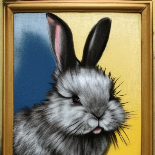 cute and fluffy black rabbit with a crown on his head from strokes of yellow and blue paint, portrait