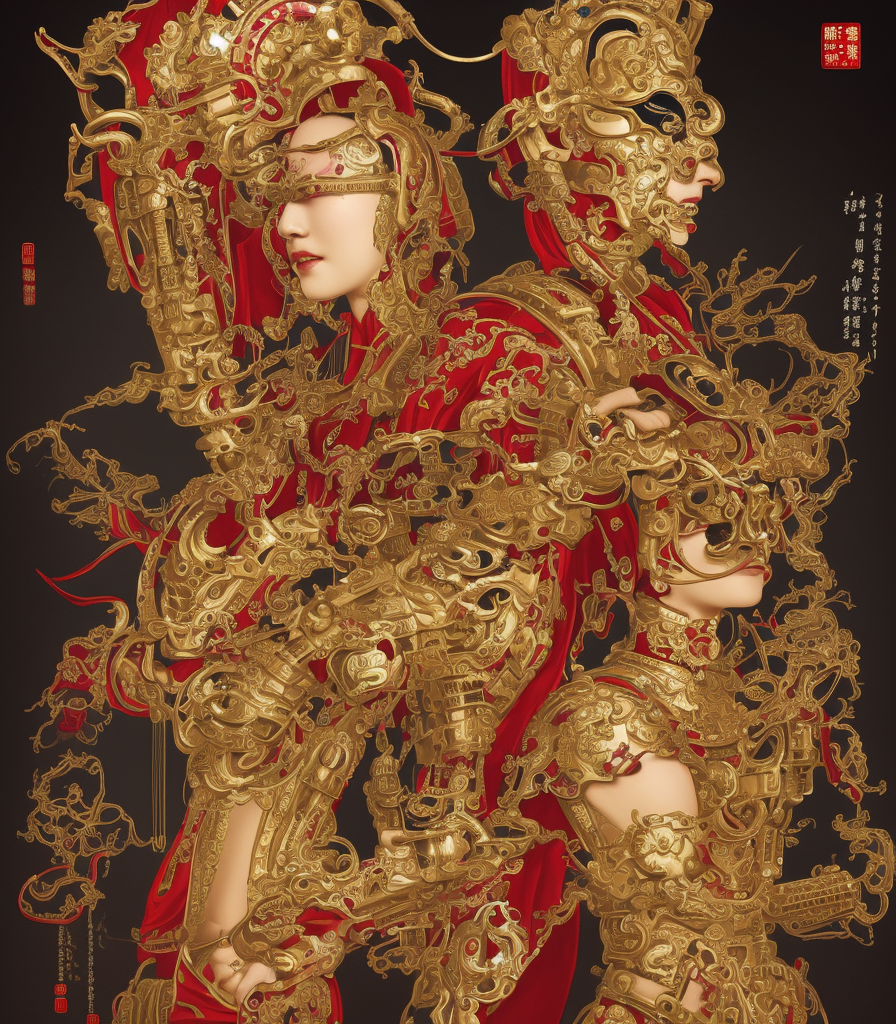 portrait of a chinese cyberpunk machine, machine face, arms, upper half portrait, decorated with chinese opera motifs, regal, asian, fine china, wuxia, traditional chinese art intricate intense elegant 京 剧 highly detailed digital painting artstation concept art smooth sharp focus illustration, art by artgerm and greg rutkowski alphonse mucha 8 k
