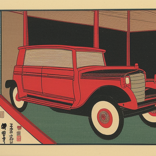 old model of ford car, Ukiyo-e Japanese woodblock
