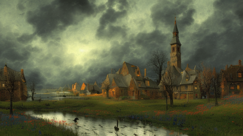 beautiful digital illustration dark and spooky old village with foreboding skies, with blue and black delicate flowers, painted by Caspar David Friedrich and thomas kinkade, fine details, 4k,Trending on artstation.