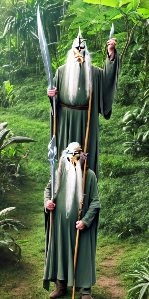 Gandalf wearing dark green standing on a wale in jungle
