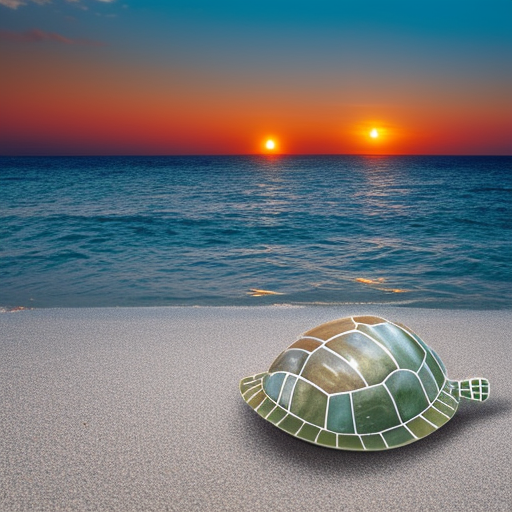 Create an image of a beautiful beach scene, with crystal clear water and white sand, including a big sea turle on the foreground, with a breathtaking sunset in the background. ultra-realistic, cinematic lighting 80mm lens, 8k, photography bokeh